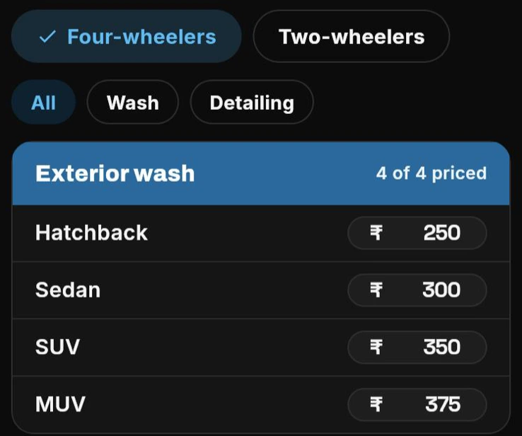 Price list with prices for hatchback and sedan