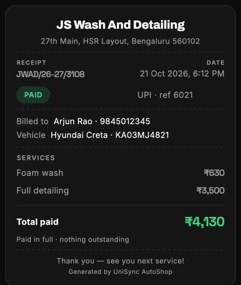 Paid receipt with services, total paid and the UPI reference