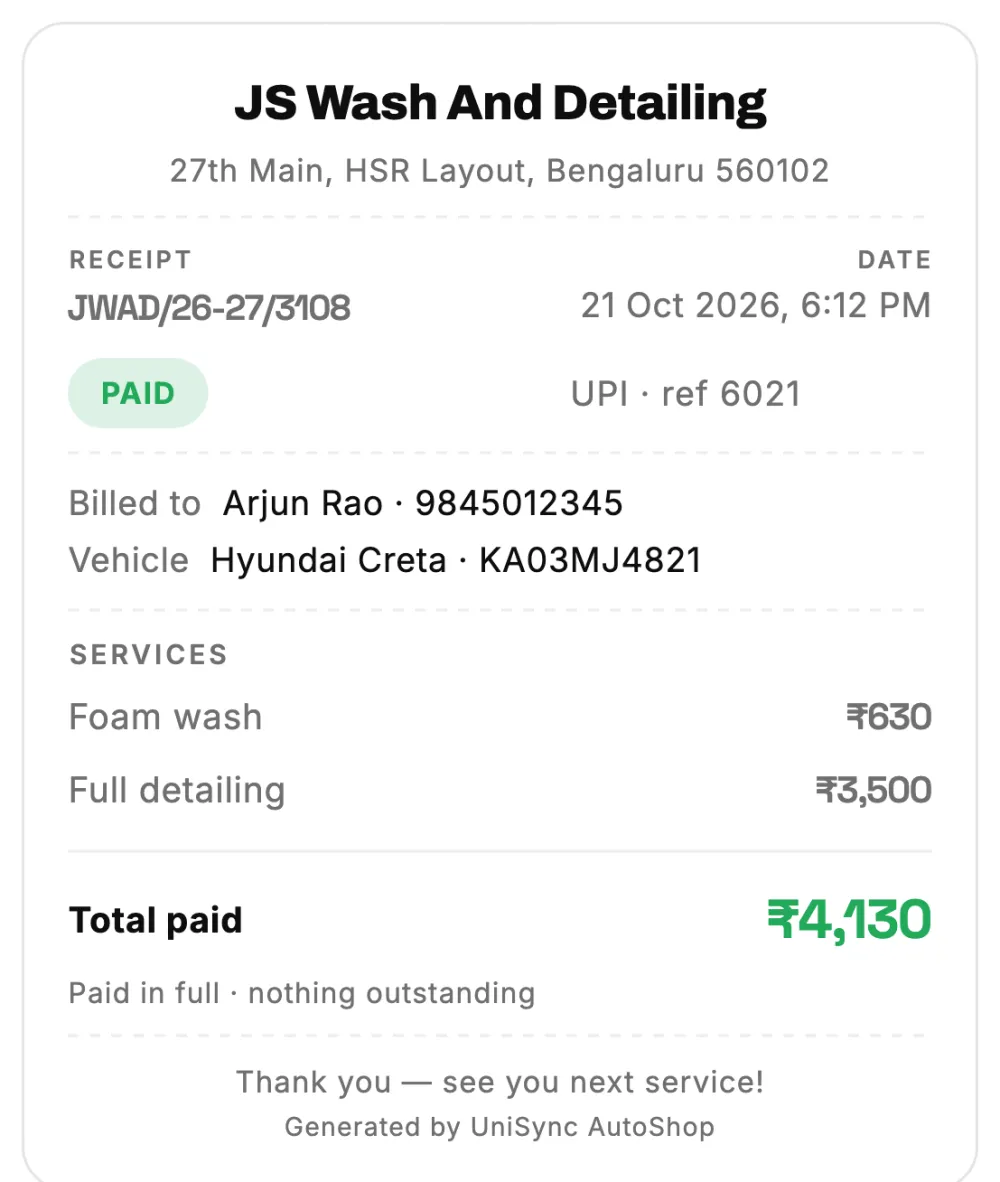 Paid receipt with services, total paid and the UPI reference