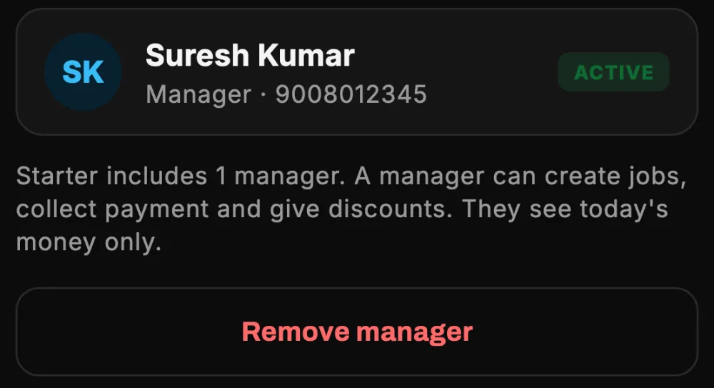 Team screen with one manager and the Remove manager button
