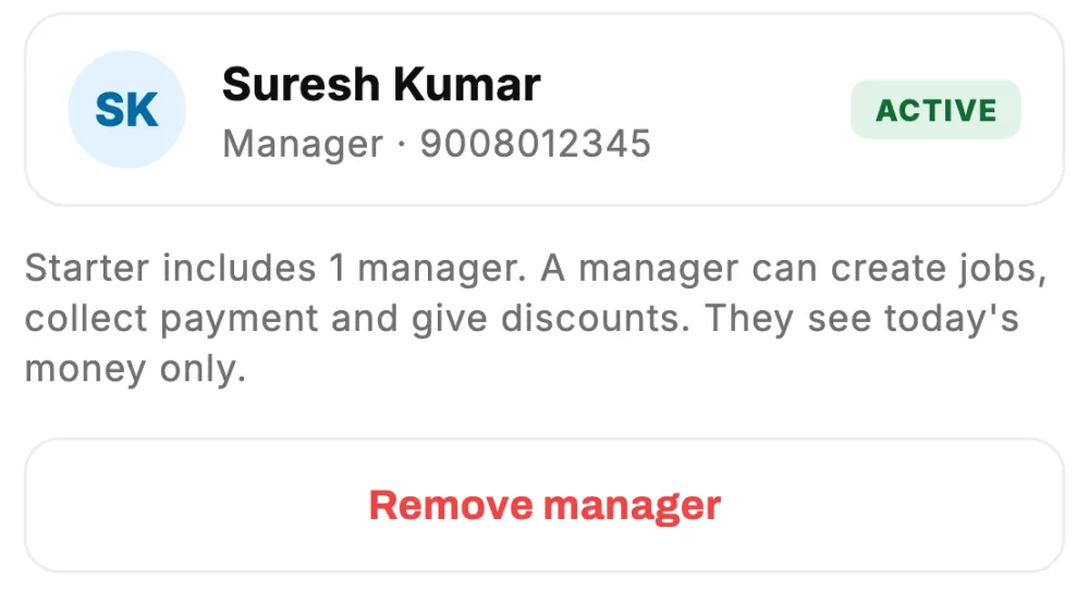 Team screen with one manager and the Remove manager button